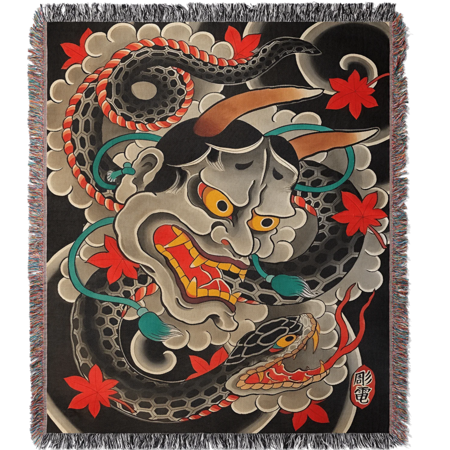 Snake and Oni Mask Woven Blanket Tapestry