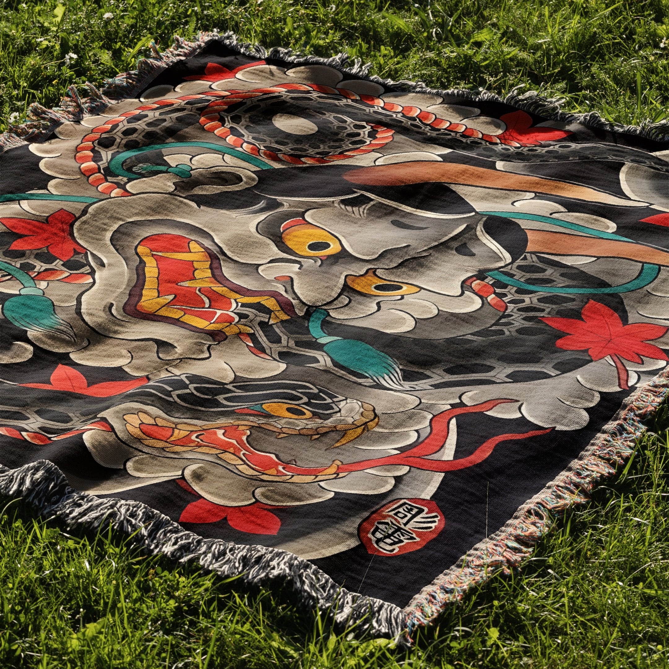 Snake and Oni Mask Woven Blanket Tapestry - Image 2